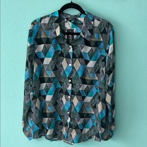 Blue and Black Casual Geometric Button Down Shirt